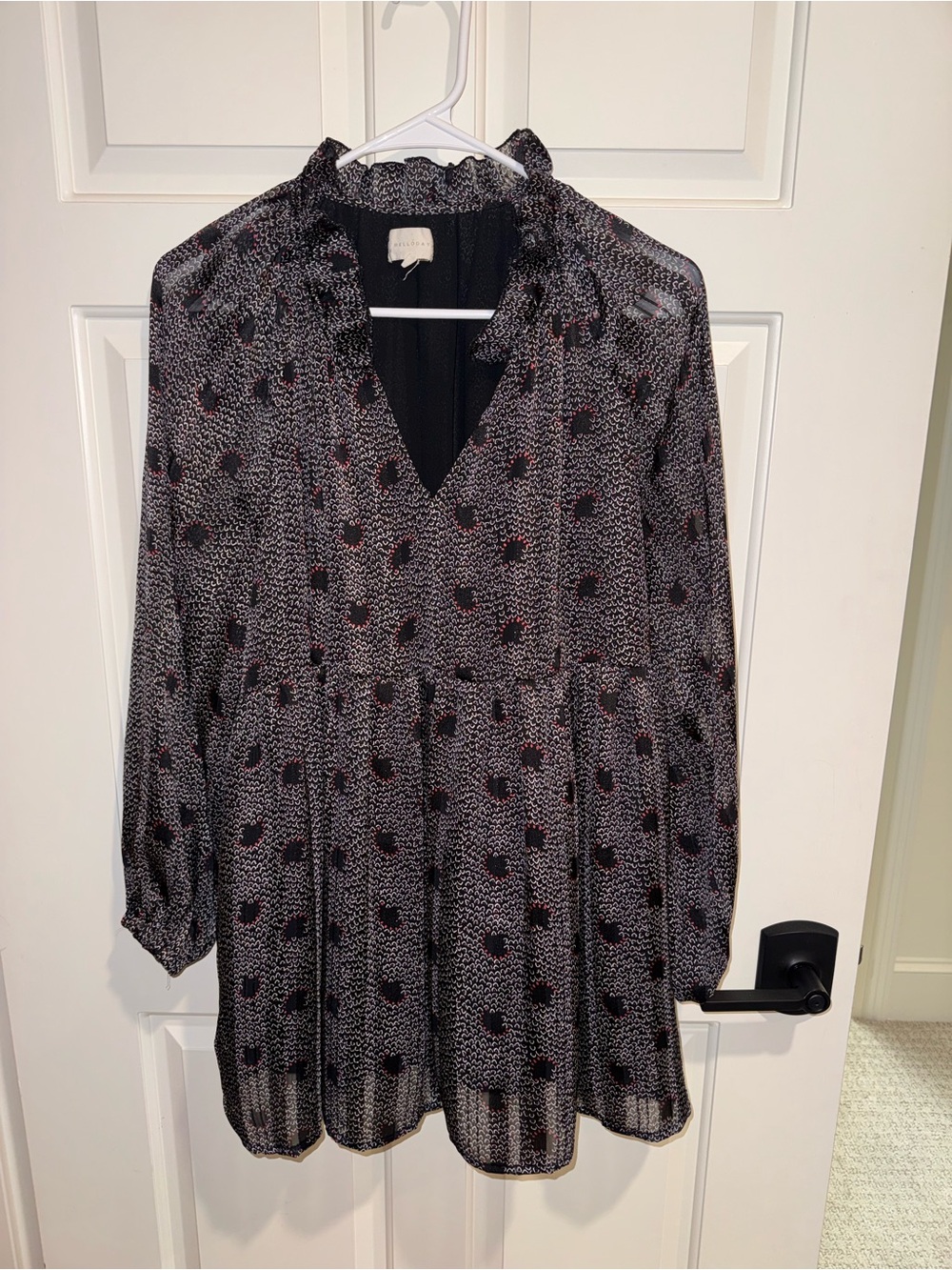 MELLODAY short Black Dress with Pink Dot Print Long Sleeve Medium
